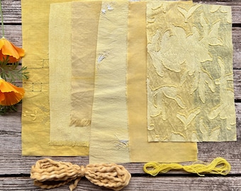 Paquete de textiles amarillos teñidos con tintes vegetales para costura lenta / Materiales para manualidades con estampado botánico / Retazos de tela, cero residuos, bordado, acolchado, fieltro, muñecas