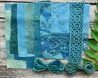 Plant dyed fabric pack | Indigo green visible mending sampler | Eco crafts, zero waste, slow stitch, embroidery, quilting, journal