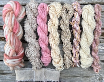 Hilos de tejido de fibra mixta color rosa empolvado / Kit de materiales ecológicos sostenibles en crema y rosa para manualidades: bordado, fieltro, punto, ganchillo, tapicería, 90 yardas.