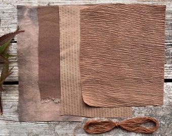 Muestrario de telas teñidas naturalmente con puntada lenta / Textiles texturizados de seda marrón / Remiendos visibles, bordados, fieltro, acolchado, diarios, tarjetas