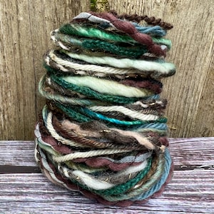 Evergreen sustainable art yarn bundle & upcycled weaving fibers | Mini loom yarn sampler, journal, tassel, mixed media, trim, cards, pompoms