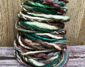 Evergreen sustainable art yarn bundle & upcycled weaving fibers | Mini loom yarn sampler, journal, tassel, mixed media, trim, cards, pompoms