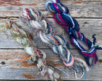 Sustainable mini art yarn bundle | Upcycled mini loom weaving fibre sampler, crafts, embellishments, mixed media, trim, cards, nuno felting