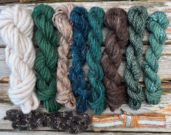 Hilos de fibra mixta alpina para tejer / Kit de materiales sostenibles para manualidades en verde y marrón: tapicería, bordado, fieltro, punto, ganchillo, 80 yardas.