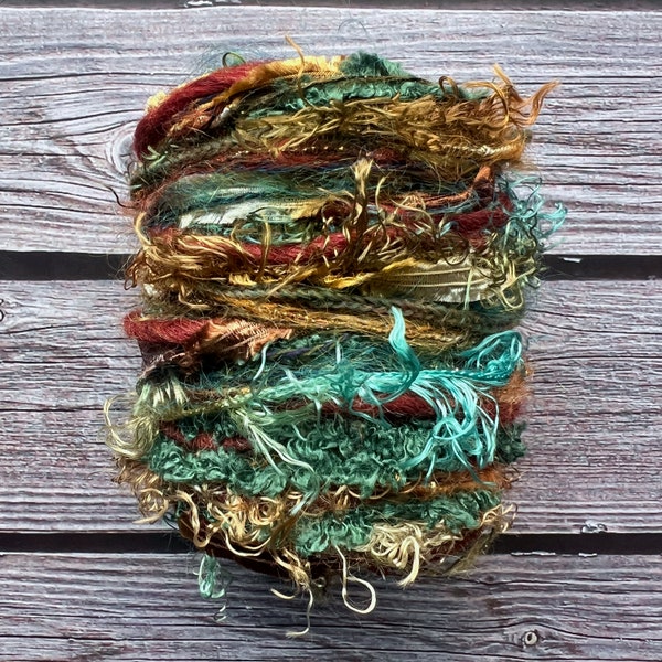 Patina sustainable art yarn bundle & upcycled weaving fibers | Pompom, tassels, mini loom sampler, mixed media, trim, embellishment, felting