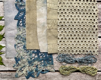 Indigo slow stitch fabric | Khaki & blue plant dyed quilting fibres | Eco craft supplies, vintage ephemera fabric, journals