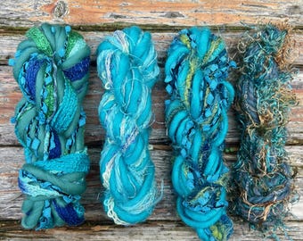 Madeja de hilo mini sostenible Twist hecha a mano / Paquete de hilo reciclado turquesa para arte de tejido, artesanía con fibra, mini muestrario de hilo, fieltrado, crochet