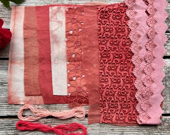 Paquete de telas teñidas con tintes botánicos para costura lenta / Textiles para acolchado con tintes naturales rojos / Materiales para arte textil, costura, bordado, acolchados, cuadernos