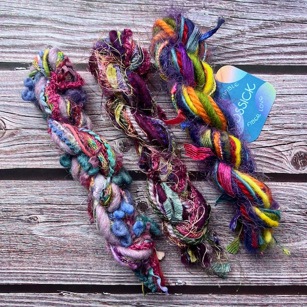 Sustainable mini art yarn bundle | Upcycled weaving mini loom sampler, fiber craft, embellishment, mixed media, trim, cards, pompom, journal