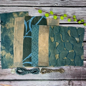 Växtfärgat tygpaket | Indigofärgade textilier med långsam söm | Fiberkonst, noll avfall, tygprover, presenter, broderi, quilts, konstdagböcker