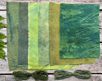 Plant dyed fabric pack | Indigo green yellow visible mending sampler | Fibre art gift, zero waste, slow stitch, embroider, quilting, journal