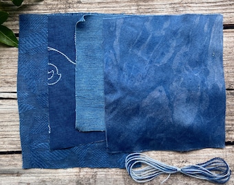 Muestra de tela de punto lento teñida en azul índigo / Seda y lino teñidos con tintes vegetales / Acolchado, boro, textiles artísticos, bordado, diarios, tarjetas, patchwork