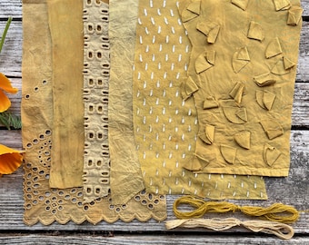 Plant dyed slow stitch fabric pack | Golden yellow botanical dyed collage textiles | Fibre art, zero waste, embroidery, quilts, felting