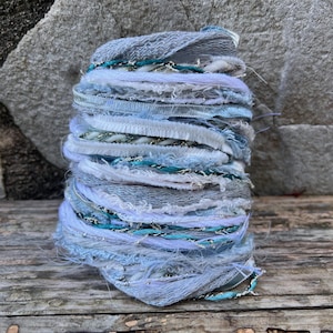 Icicle sustainable art yarn bundle & upcycled weaving fibre pack | Mini loom yarn sampler, mixed media, art journal, tassels, trim, pompom