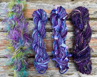 Mini madeja de fibra sostenible Twist hecha a mano / Hilo de arte tejido reciclado morado, material de arte de fibra, hilo de mini telar para tejer, fieltrar, crochet