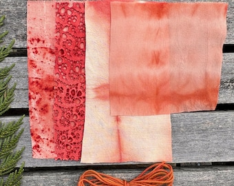 Muestrario de tela teñida con plantas / Kit de puntada lenta roja, zurcido visible, bordado, regalo para calcetines, textiles texturizados, colcha, regalo de Navidad