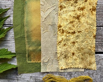 Botanical dyed fabric sampler | Plant dyed textiles, gift under 10 | Slow stitch, craft, embroidery, quilt, felting, cards, patchwork