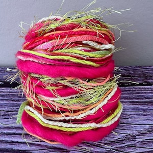 Melon Ball sustainable art yarn bundle & upcycled weaving fiber pack | Mini loom yarn sampler, fiber supply, journal, tassels, trim, pom pom