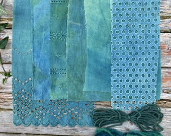 Paquete de telas de punto lento en azul índigo y verde / Fibras para acolchado con estampado botánico / Materiales para manualidades, cero residuos, fieltro, bordado, boro, muñecas