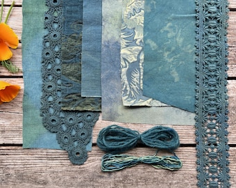 Paquete de tela de puntada lenta teñida con plantas / Fibras de acolchado índigo, azul y verde / Cero residuos, fieltrado, bordado, sashiko, boro
