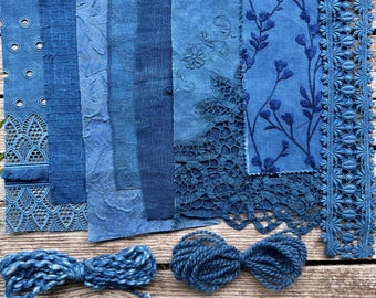Indigo dyed quilting fabrics | Blue collage art textiles | Journal ephemera fabric,  zero waste, slow stitch, embroidery
