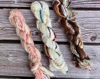 Sustainable mini art yarn bundle | Upcycled weaving loom fibre sampler, crafts, embellishments, mixed media, trim, cards, stocking stuffer