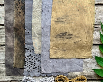 Plant dyed slow stitch fabric bundle | Botanical dyed collage textiles | Fibre art, zero waste, embroidery, quilts, felting