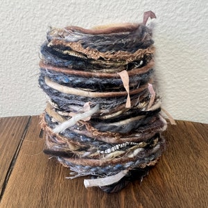 Calico sustainable art yarn bundle & upcycled weaving fibers | Mini loom art yarn sampler, craft journal, spinning, tassels, trim, pompoms