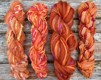 Mini madeja de hilo sostenible Twist, hecha a mano / Paquete de hilo reciclado naranja y amarillo para tejer a mano, crochet, tejido, muestrario de fibras para telar, tarjetas