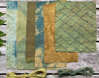 Paquete de tela de puntada lenta teñida con plantas / Lino, seda y algodón para acolchado en verde y azul índigo / Cero residuos, zurcidos visibles, bordados, diarios