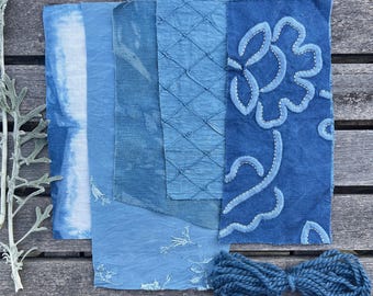 Indigo dyed slow stitch fabrics | Blue plant dyed visible mending sampler, collage fibres, zero waste, embroidery, boro, journal, dolls