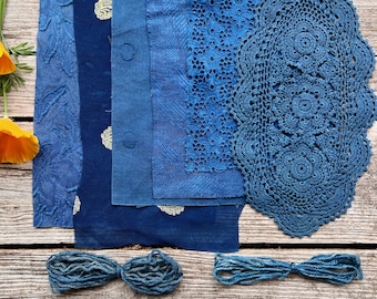 Paquete de telas de puntada lenta teñidas con plantas índigo / Textiles de acolchado vintage azules / Arte con fibras recicladas, bordado, sashiko, fieltrado, boro