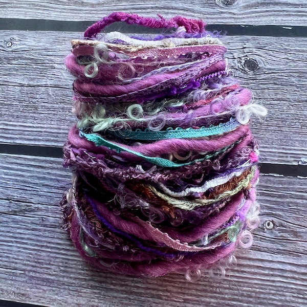 Orchid sustainable art yarn bundle & upcycled weaving fibers | Craft art loom supply, craft journal, tassels, mixed media, trim, pom poms