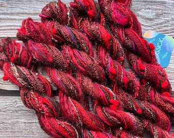 Garnet sustainable art yarn bundle & upcycled weaving fibres | Mini loom sampler, craft supply, journal, tassel, mixed media, trim, pom poms