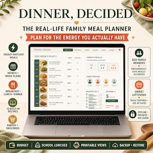 May include: A laptop displaying the Dinner, Decided meal planner interface. The screen shows a weekly meal schedule, energy check-in, family profiles, and a grocery list. Surrounding the laptop are icons and text detailing features like energy-matched meals, month and week plans, breakfast, lunch, dinner, 12 built-in recipes, pantry, groceries, budget, school lunches, printable views, and backup.