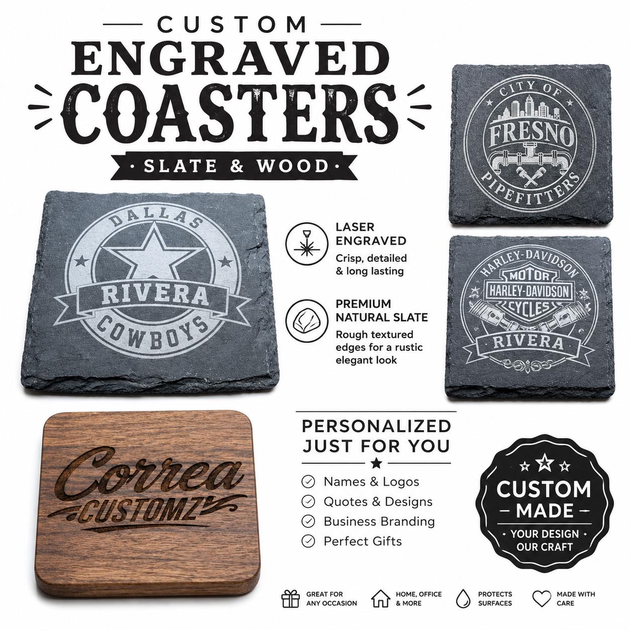 Custom Laser Engraved Slate & Wood Coasters, Personalized Gift, Logo, Text, Artwork