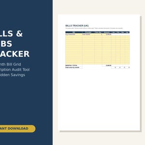 Könnte beinhalten: Ein digitales Dokument mit dem Titel BILLS & SUBS TRACKER, das ein 12-Monats-Rechnungsraster und ein Tool zur Abonnementprüfung enthält. Das Layout zeigt eine gelbe Tabelle mit Spalten für Rechnungsname, Anbieter, Fälligkeit und Betrag.