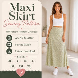 May include: A digital sewing pattern for a maxi skirt, featuring text that reads Maxi Skirt Sewing Pattern, PDF Pattern, Instant Download, A4, A0 & Letter, Sewing Guide, and sizes XS through 3XL. The image displays a long, light green floral skirt.