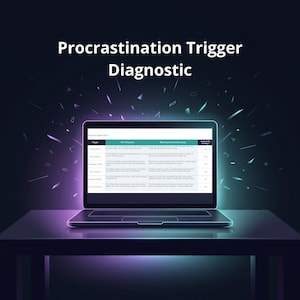May include: A laptop screen displaying a Procrastination Trigger Diagnostic chart with columns for triggers, the tell, and interventions. The screen glows with purple and blue light against a dark background, featuring text headers.