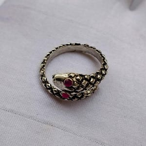 May include: A silver-toned metal ring shaped like a coiled snake with a textured, scale-like surface. The snake head features two small, round, vibrant pink stones set as eyes, and the band is open, allowing for adjustment to fit different finger sizes.