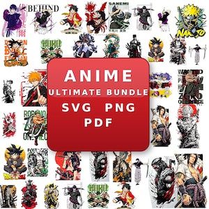 May include: A digital collection of various anime character illustrations featuring diverse figures in action poses with swords and colorful outfits, overlaid by a red rectangular graphic with the text ANIME ULTIMATE BUNDLE SVG PNG PDF.