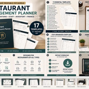 Könnte beinhalten: Ein 17-seitiges, druckbares PDF-Planer-Set für das Restaurantmanagement im A4-Format mit Vorlagen für Betriebsabläufe, Personal, Inventar und Finanzen. Enthält Checklisten und Tracker in einem professionellen Design in Dunkelgrün und Weiß.