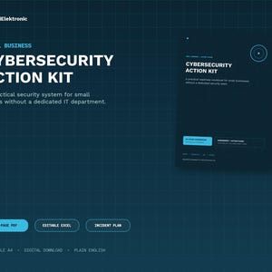 Könnte beinhalten: Ein dunkelblaues digitales Cybersecurity-Action-Kit für kleine Unternehmen. Der Text lautet: Small Business Cybersecurity Action Kit, ein praktisches Sicherheitssystem für kleine Teams ohne eigene IT-Abteilung. Enthält 24-seitiges PDF, bearbeitbares Excel und Notfallplan.