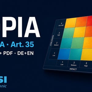 May include: A digital graphic featuring the text DPIA, DSFA Art. 35, Excel + PDF, DE+EN, and HASI elektronic. A risk assessment matrix displays a four-by-four grid with color-coded squares ranging from blue to red, labeled by likelihood and impact.