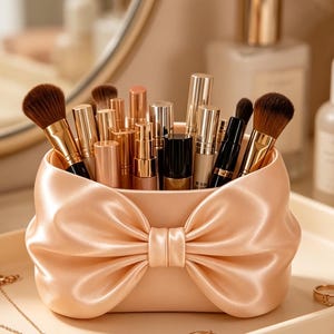 Pink Bow Vanity Storage Box, Pastel Makeup Organizer, Feminine Decor