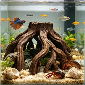 Könnte beinhalten: Ein Glasaquarium mit einer braunen, wurzelartigen Kunstharzdekoration, mehreren kleinen bunten Fischen, zwei Flusskrebsen, einer Garnele und zwei Muscheln auf hellem Sandboden. Das Becken enthält grüne Wasserpflanzen und klares Wasser.