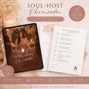 Könnte beinhalten: Ein digitales Tablet mit dem Soul-Host Ehrencodex-Cover neben einem ausgedruckten Dokument mit dem Titel Mein Ehrencodex als Soul-Host. Das Dokument enthält eine Liste von sechs Prinzipien mit Symbolen, eine Unterschriftenzeile und ein Datum.