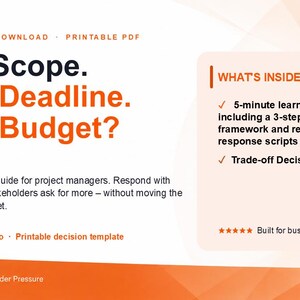 May include: A digital download printable PDF titled More Scope. Same Deadline. Same Budget? featuring a 5-minute learning video, a 3-step decision framework, response scripts, and a trade-off decision card for project managers on an orange background.