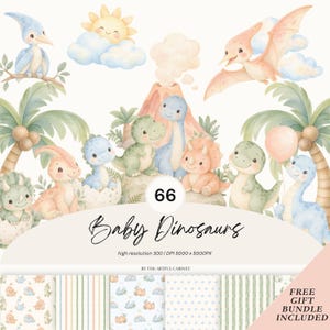 Baby Dinosaur Clipart Bundle, 66 Watercolor PNGs, Cute Dino Frames & Seamless Patterns, Nursery, Baby Shower, Birthday, Commercial Use