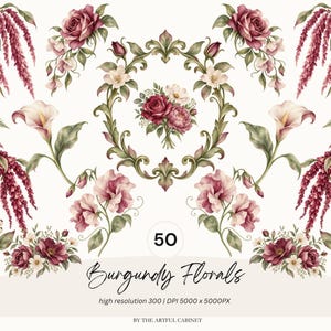 Puede incluir: Una colección de ilustraciones florales en color burdeos con rosas, calas y amaranto colgante dispuestas alrededor de un marco central ornamentado. La imagen incluye el texto 50 Burgundy Florals, high resolution 300 DPI 5000 x 5000PX, BY THE ARTFUL CABINET.